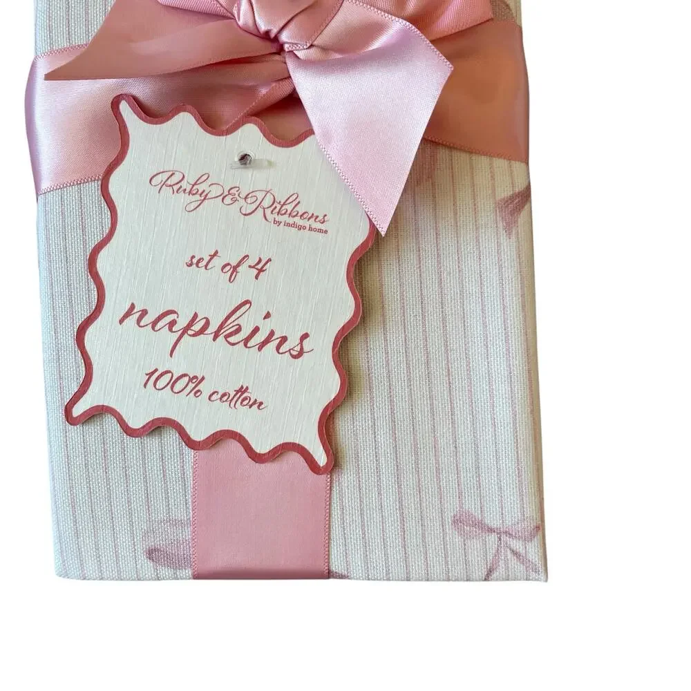 INDIGO Pink Bow Pinstripe Cotton Dinner Napkins 18x18 Set of 4 NEW